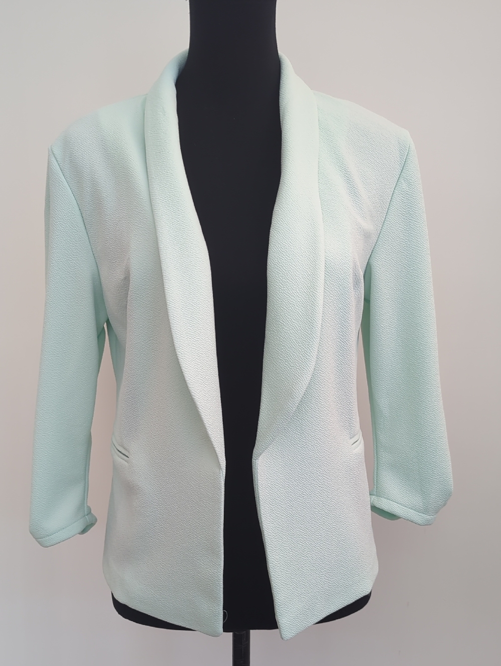 Maurices Mint Green Crepe Blazer Open-Front Shawl Collar Jacket 3/4 Sleeve LARGE